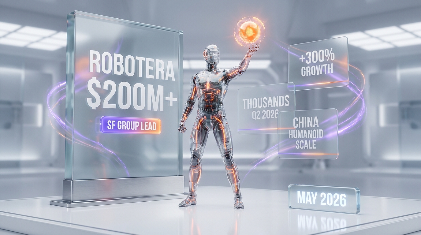 Glassmorphism Robotera China humanoid robot funding tower — over USD 200 million round led by SF Group with HSG and IDG Capital, thousand-unit deliveries during Q2 2026, growth exceeding 300 percent, China humanoid scale versus US volume
