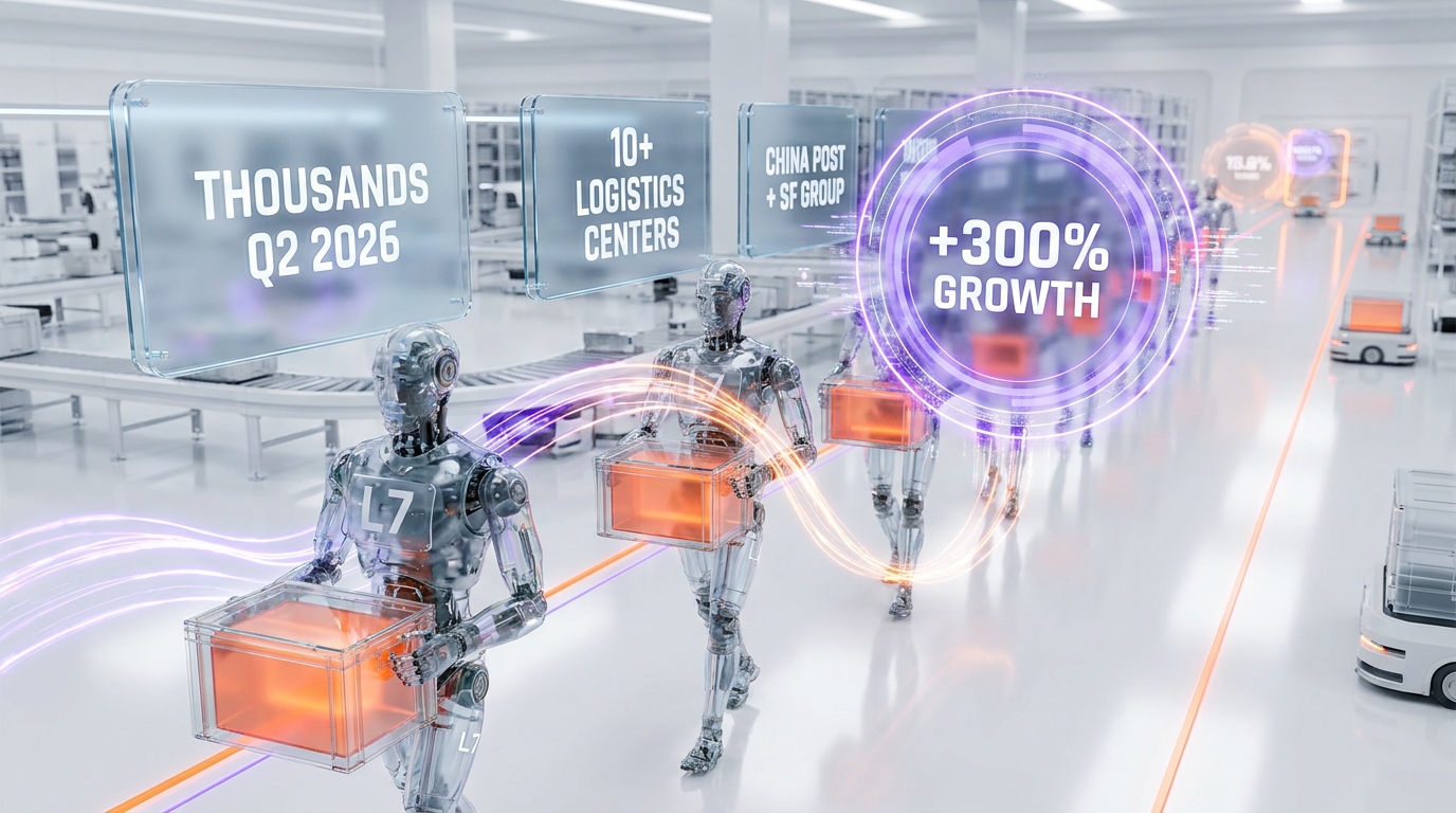 Glassmorphism Robotera Q2 2026 delivery ramp visualization — thousand-unit deliveries across more than 10 logistics centers, China Post and SF Group partnerships, L7 humanoid platform, growth exceeding 300 percent