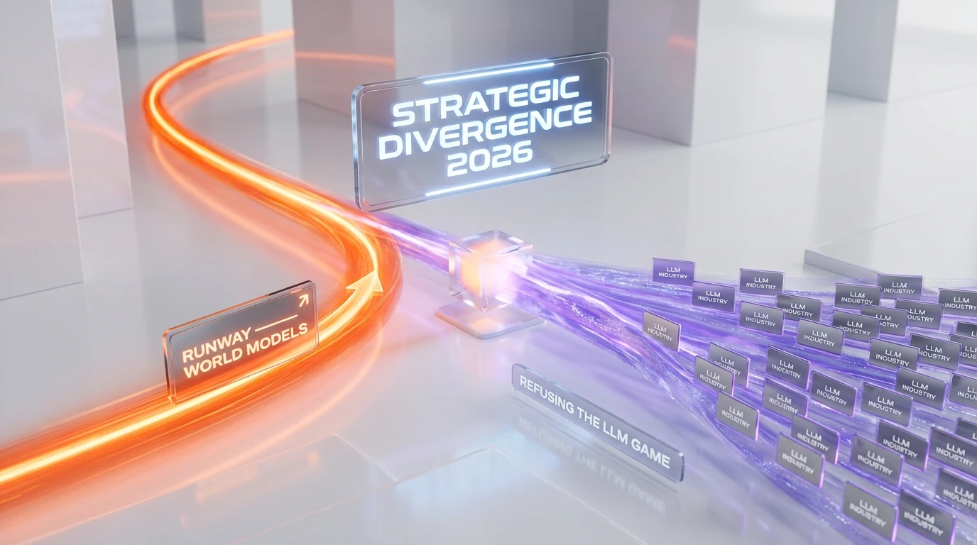 Runway world models bet vs LLM-centric AI industry — strategic divergence 2026