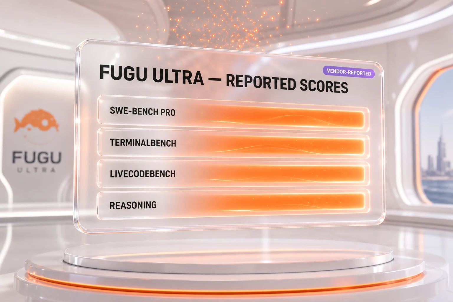 Sakana-reported Fugu Ultra benchmark scores across SWE-Bench Pro, TerminalBench, LiveCodeBench and reasoning tests