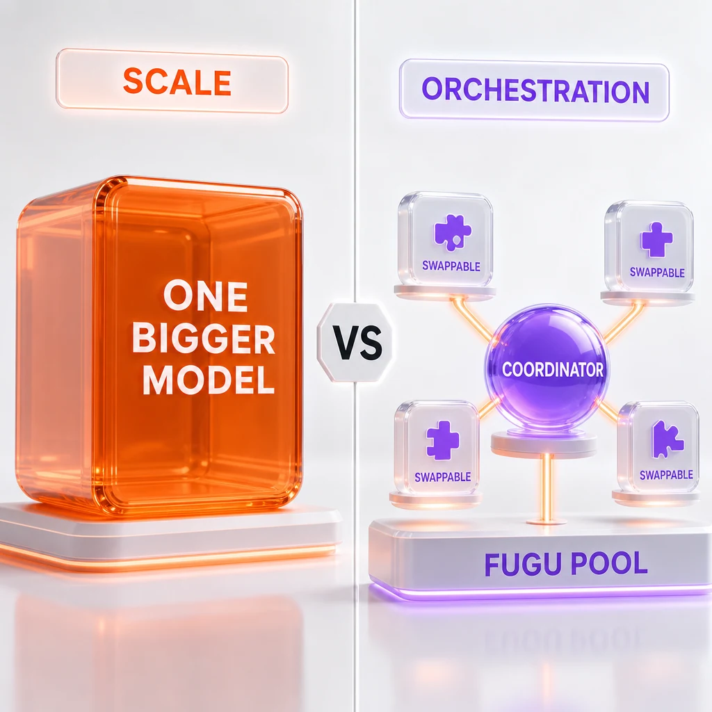 Diagram contrasting a single monolithic model with Fugu's coordinator routing to a swappable pool of expert models
