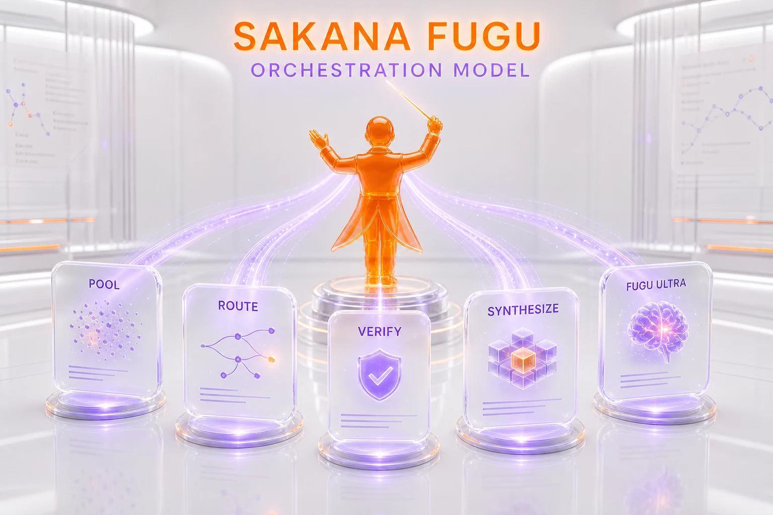 Sakana AI Fugu — an orchestration conductor routing tasks across a pool of frontier LLM nodes
