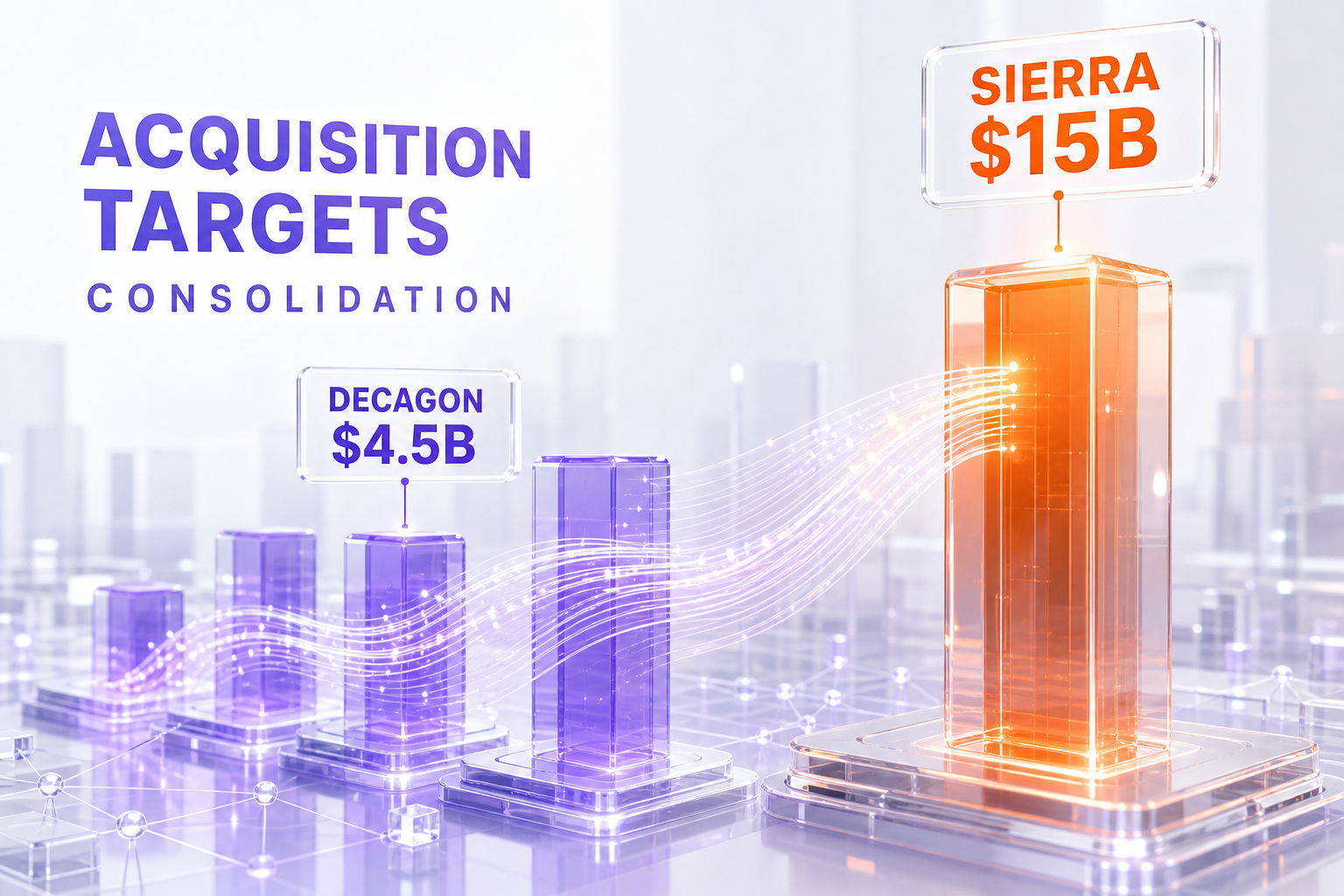 Enterprise AI agent acquisition targets landscape Sierra 15 billion Decagon 4.5 billion valuation comparison consolidation wave 2026 glassmorphism orange violet chart