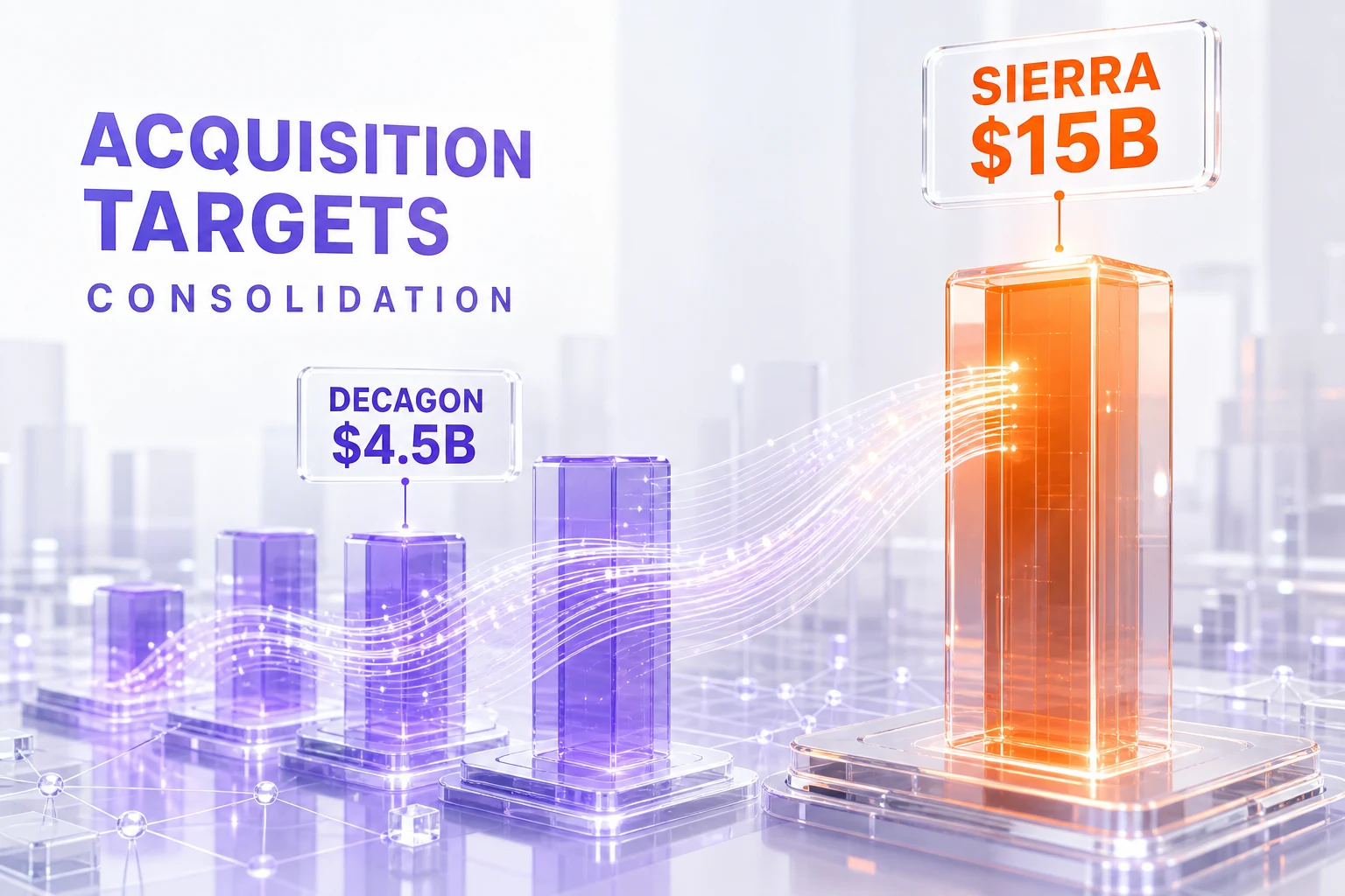 Enterprise AI agent acquisition targets landscape Sierra 15 billion Decagon 4.5 billion valuation comparison consolidation wave 2026 glassmorphism orange violet chart