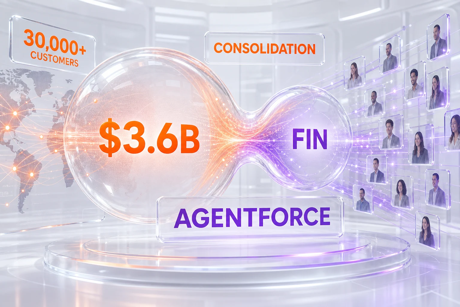 Salesforce acquires Fin formerly Intercom for 3.6 billion dollars agentic AI consolidation 2026 enterprise customer agent landscape glassmorphism data visualization orange violet