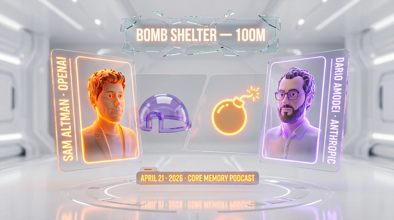 Illustration editoriale representant Sam Altman et Anthropic face a face avec une metaphore de bombe et d'abri anti-atomique, style glassmorphism 3D