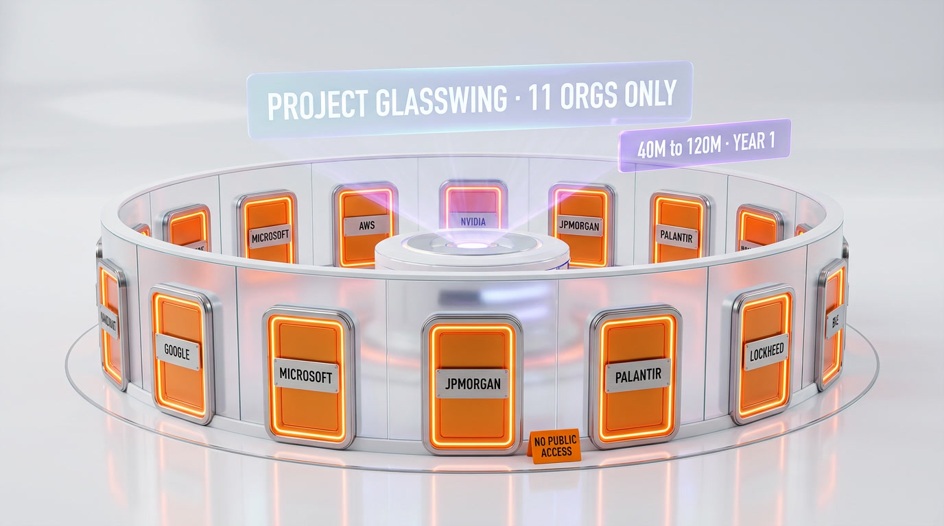 Metaphorical bunker with 11 vault doors representing the 11 organizations inside Project Glasswing, glassmorphism 3D render