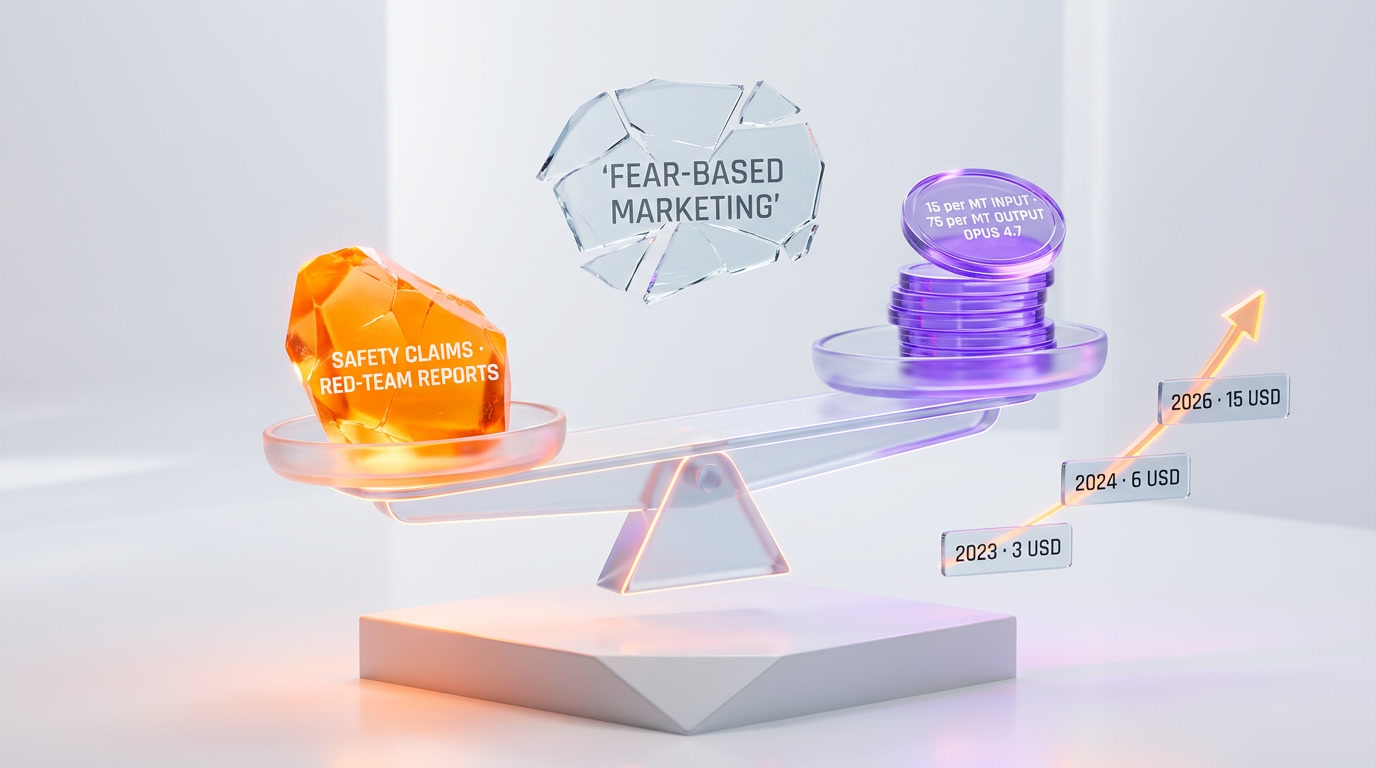 Editorial metaphor of scales weighing safety rhetoric versus marketing motive, orange and violet glassmorphism