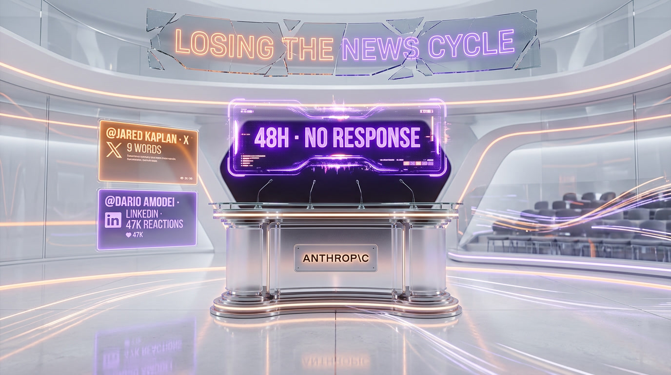 Empty podium with Anthropic branding, symbolizing Anthropic's measured silence, glassmorphism orange violet render