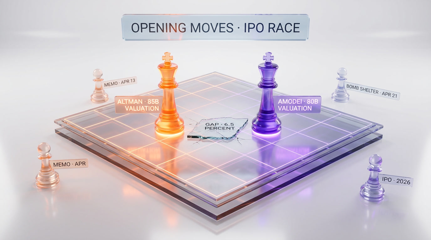 Chess board metaphor with two kings facing off representing Altman versus Amodei positioning battle, editorial glassmorphism