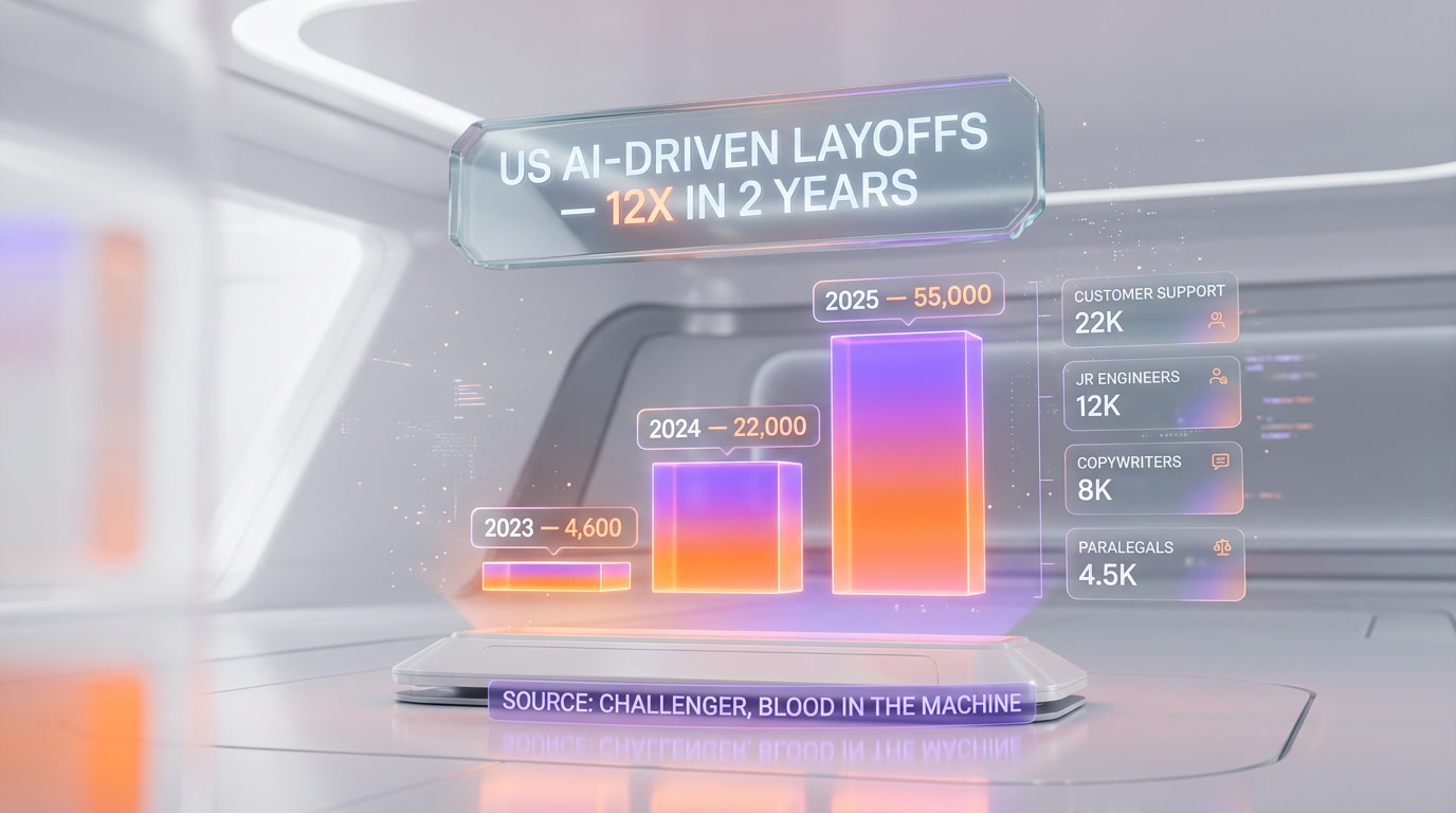 AI-driven layoffs chart US 2023-2025 — 4600 to 55000 jobs eliminated, 12x increase, AI displacement data, luddite backlash context