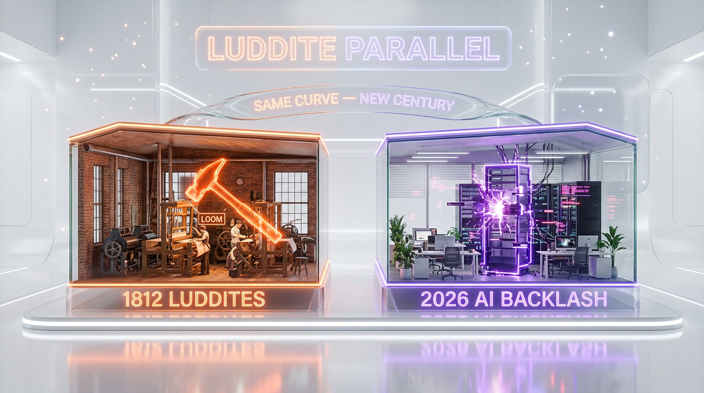 Luddite parallel 1812 to 2026 — British textile workers breaking looms vs Gen Z attackers at Sam Altman AI labs, historical backlash curve