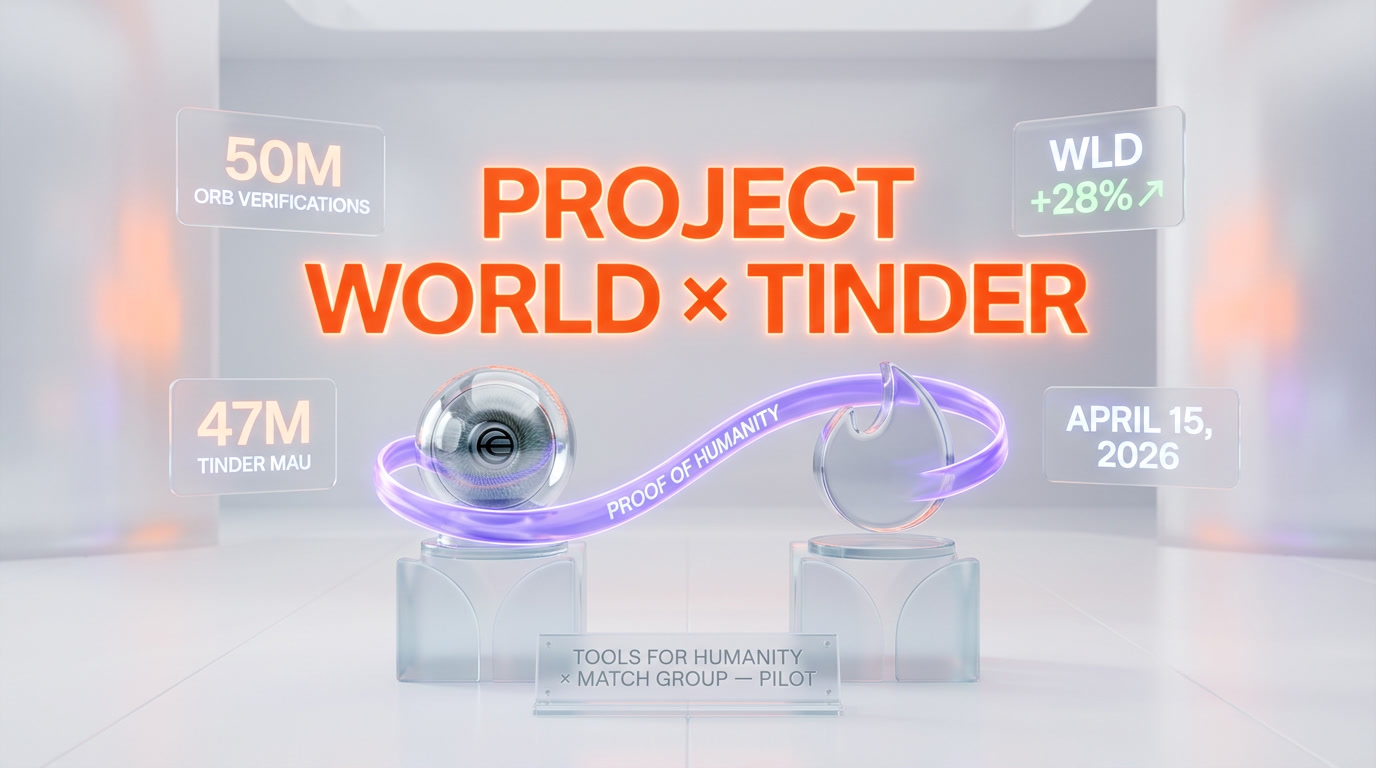 Project World Tinder partnership April 2026 — Sam Altman Orb iris biometric verification, proof of humanity dating apps, WLD token, Tools for Humanity Match Group