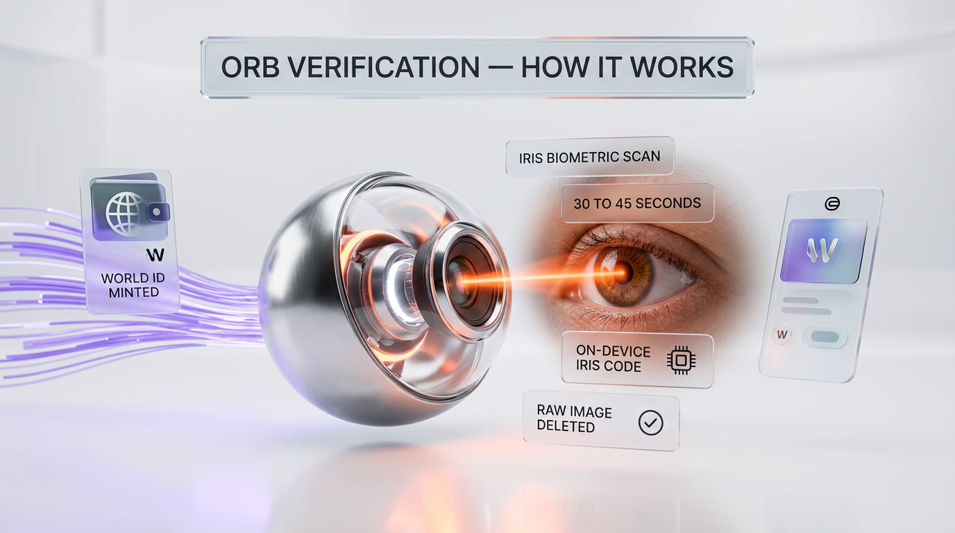 Project World Orb iris biometric scanner 2026 — chrome crystal sphere scanning human eye, World ID credential generation, proof of personhood device Sam Altman