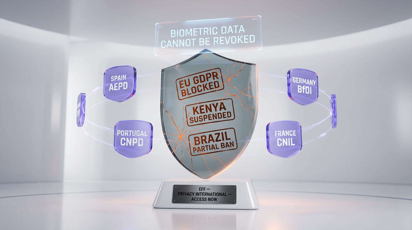 Project World privacy regulatory concerns 2026 — EU GDPR blocked Spain AEPD, Kenya suspended, Brazil ANPD partial ban, iris biometric data rights