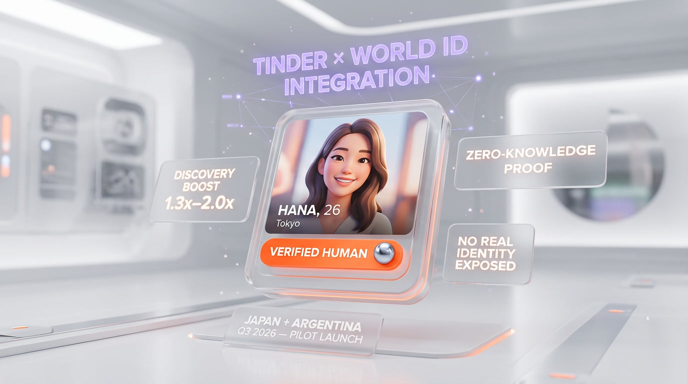 Tinder Verified Human badge 2026 — World ID integration, iris verification Project World Orb logo, dating app profile glass card violet orange