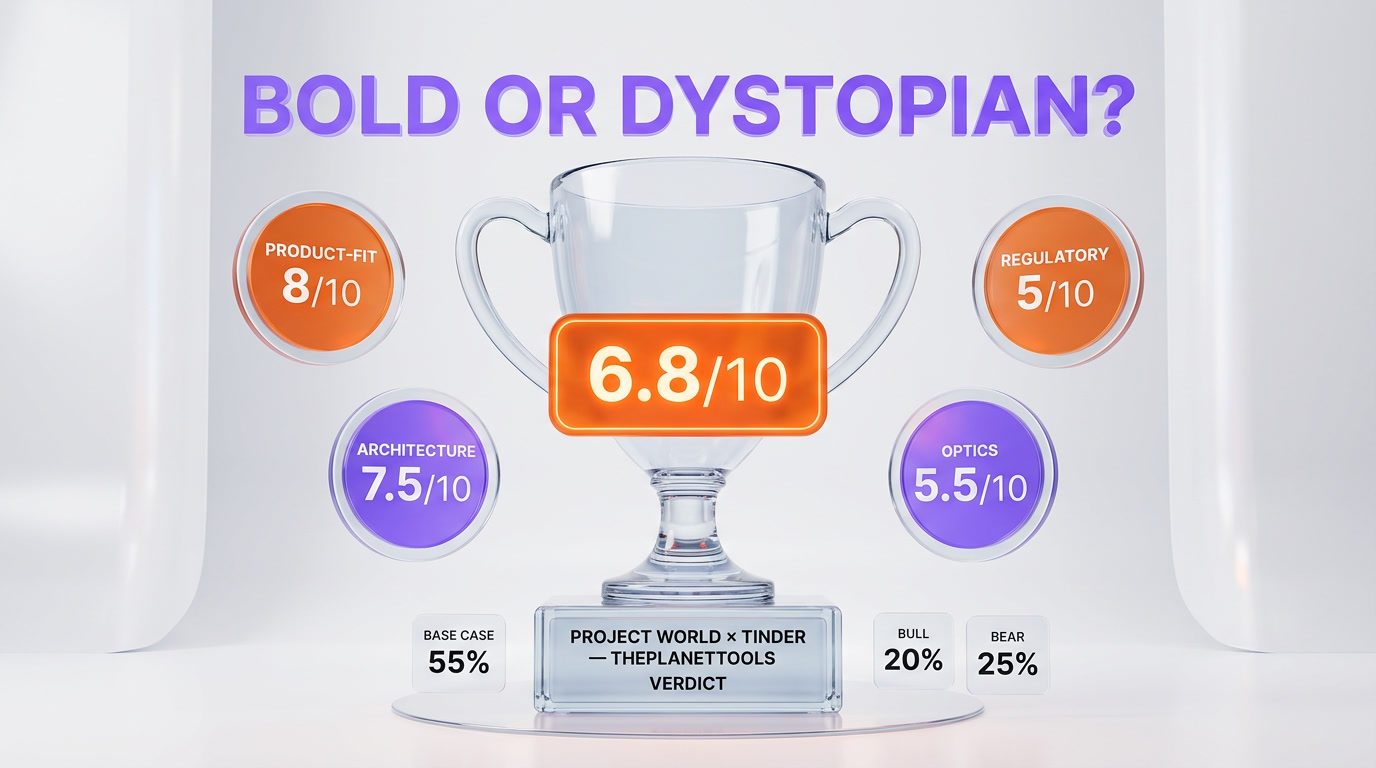 Project World Tinder verdict 2026 — proof of humanity biometric dating apps analysis score, bold or dystopian, ThePlanetTools ranking glass trophy