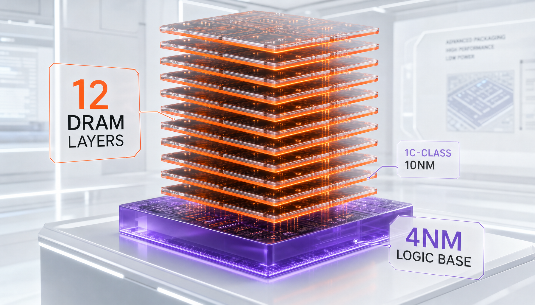 HBM4E stack architecture — 1c-class 10nm DRAM dies on a 4nm logic base die