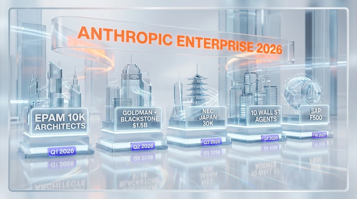 Anthropic enterprise 2026 landscape timeline showing EPAM, Goldman Blackstone JV, NEC Japan, Wall Street agents, and SAP partnerships