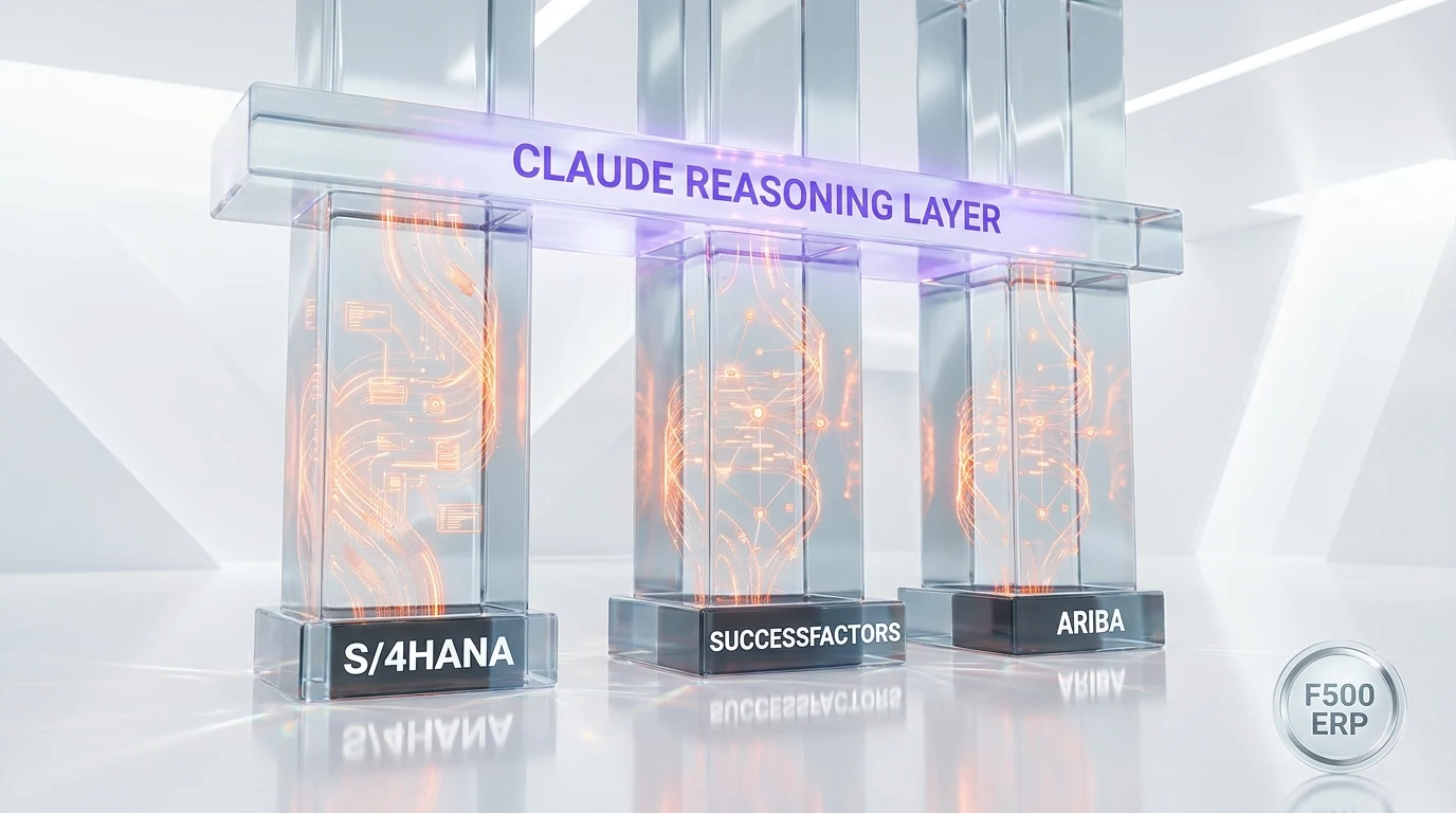Claude reasoning layer connecting SAP S/4HANA, SuccessFactors, and Ariba — three pillars of F500 enterprise software