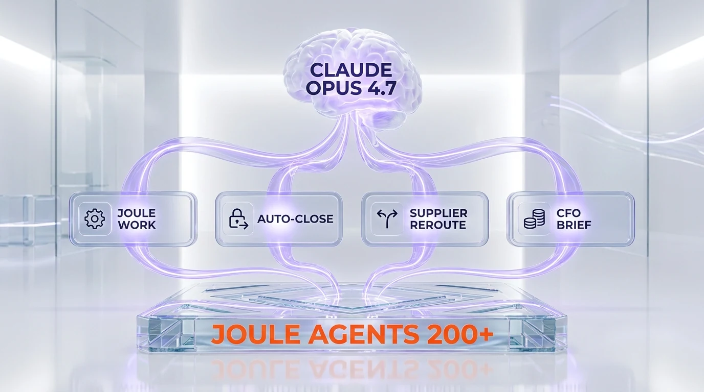 Joule agents anatomy diagram showing Claude Opus 4.7 reasoning layer feeding into 200+ specialized SAP Joule agents