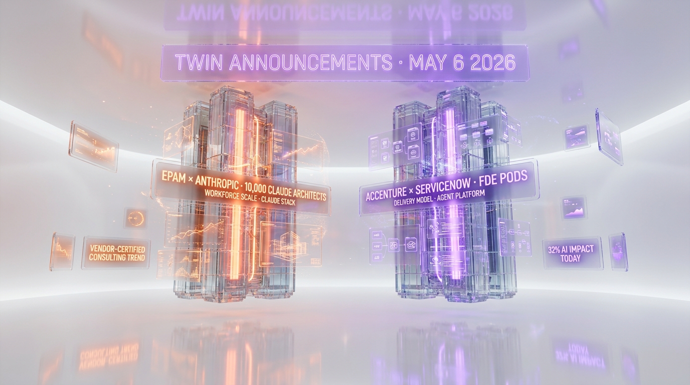Twin May 6 2026 announcements: EPAM Anthropic 10,000 Claude architects (workforce scale) versus Accenture ServiceNow FDE pods (delivery model) — vendor-certified consulting trend