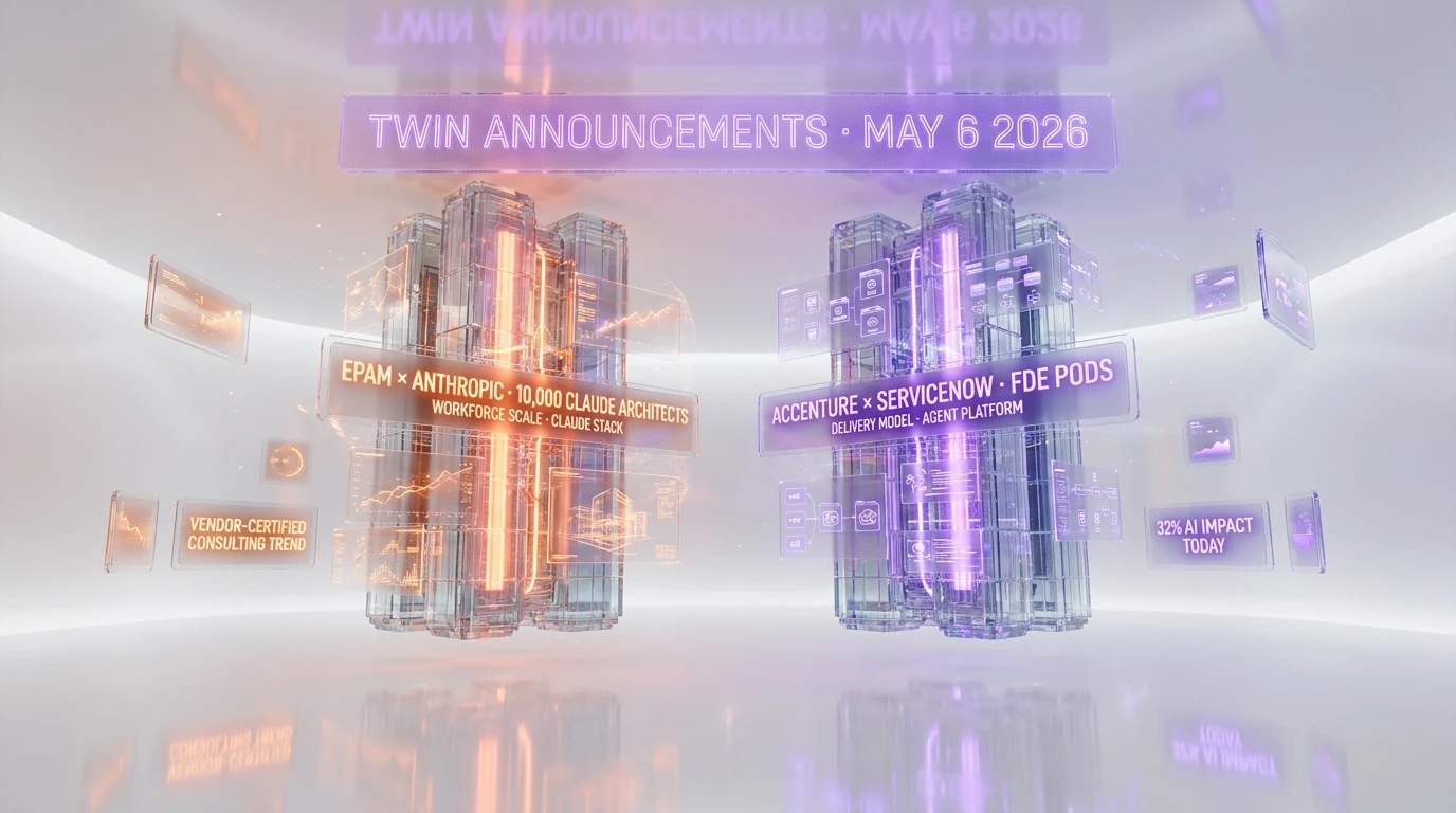 Twin May 6 2026 announcements: EPAM Anthropic 10,000 Claude architects (workforce scale) versus Accenture ServiceNow FDE pods (delivery model) — vendor-certified consulting trend