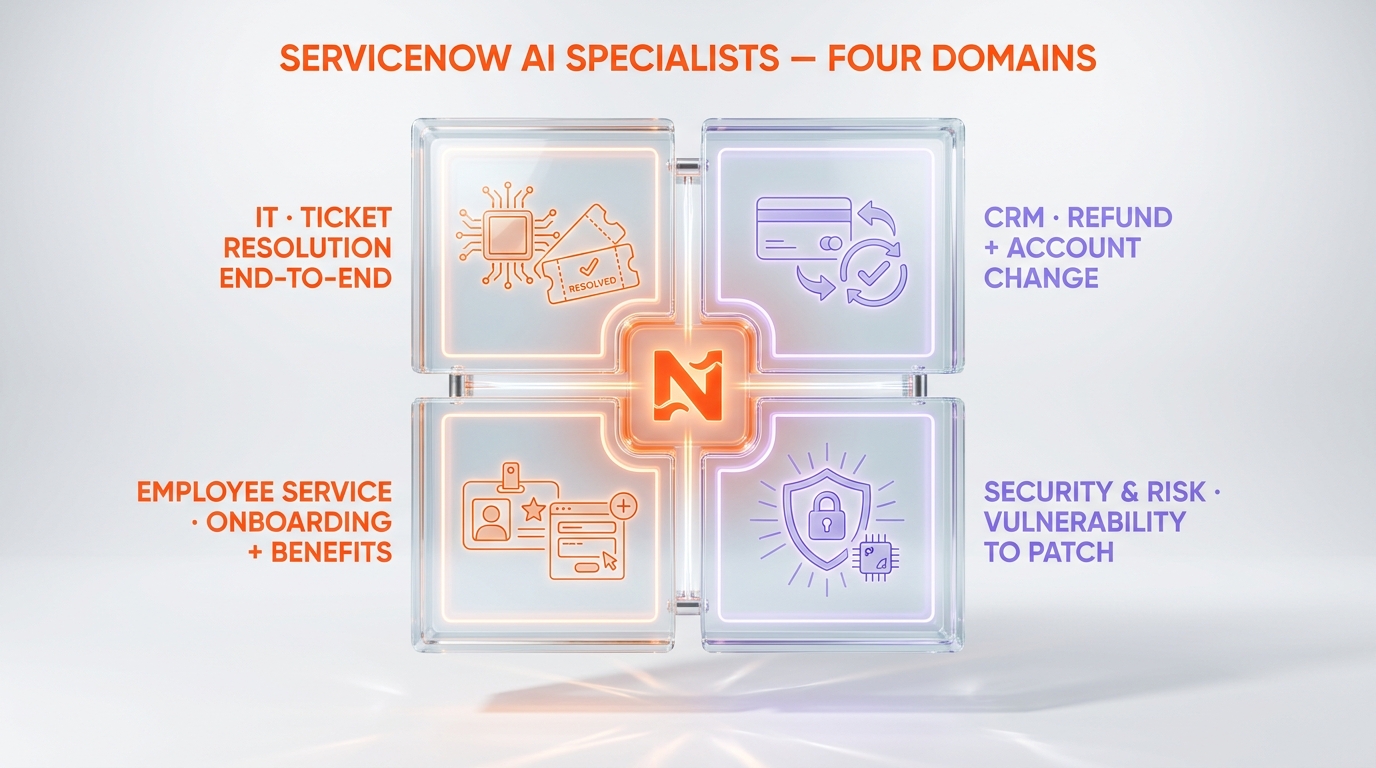 Four ServiceNow AI specialists by function — IT, CRM, Employee Service, Security & Risk — with concrete end-to-end tasks listed per quadrant
