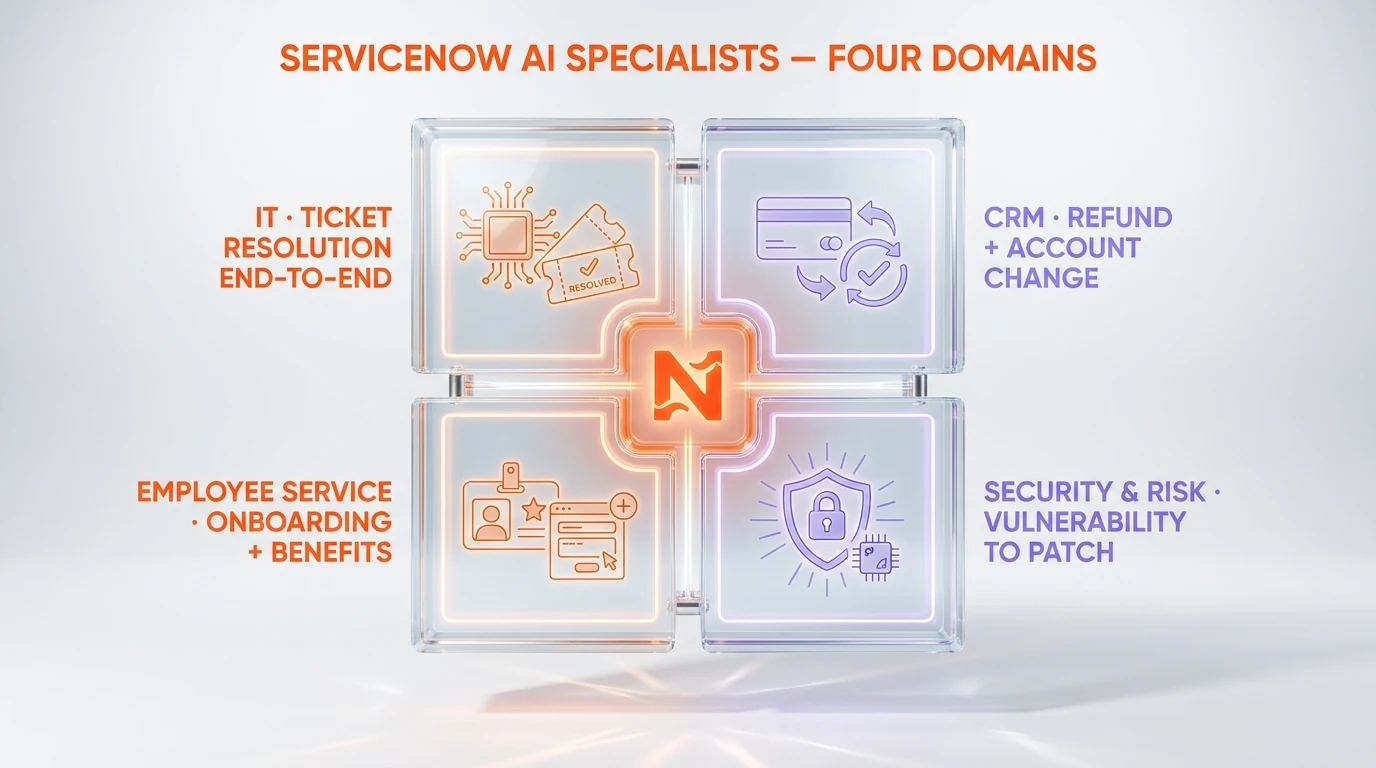 Four ServiceNow AI specialists by function — IT, CRM, Employee Service, Security & Risk — with concrete end-to-end tasks listed per quadrant