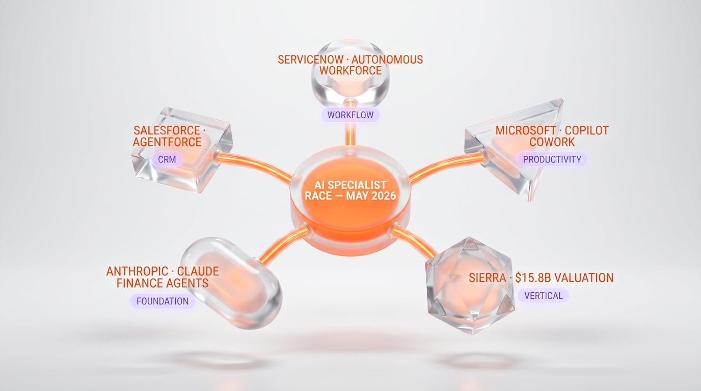 Enterprise AI specialist competitive map — ServiceNow Autonomous Workforce vs Microsoft Copilot Cowork vs Sierra customer agents vs Anthropic Claude finance agents vs Salesforce Agentforce