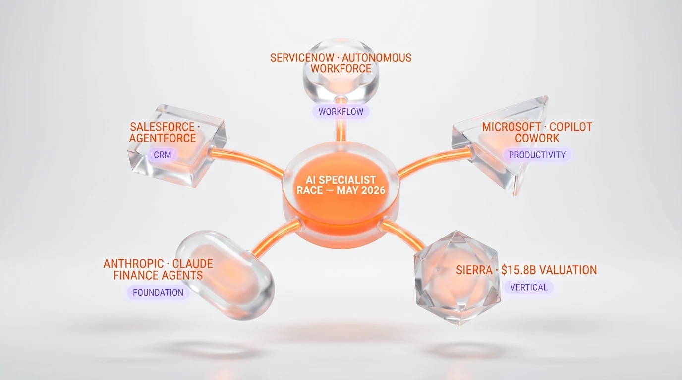 Enterprise AI specialist competitive map — ServiceNow Autonomous Workforce vs Microsoft Copilot Cowork vs Sierra customer agents vs Anthropic Claude finance agents vs Salesforce Agentforce
