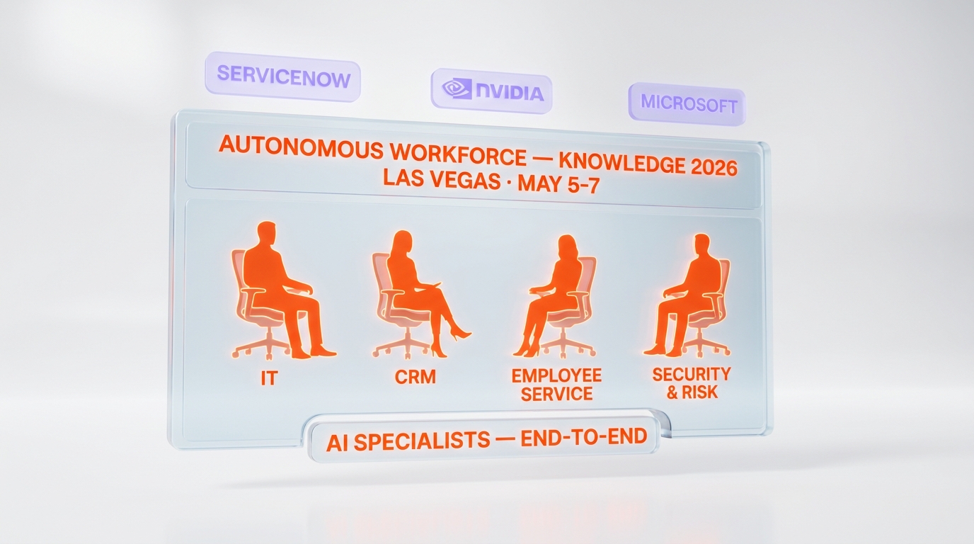 ServiceNow Knowledge 2026 Autonomous Workforce — AI specialists for IT, CRM, employee service, security & risk announced Las Vegas May 5-7 2026