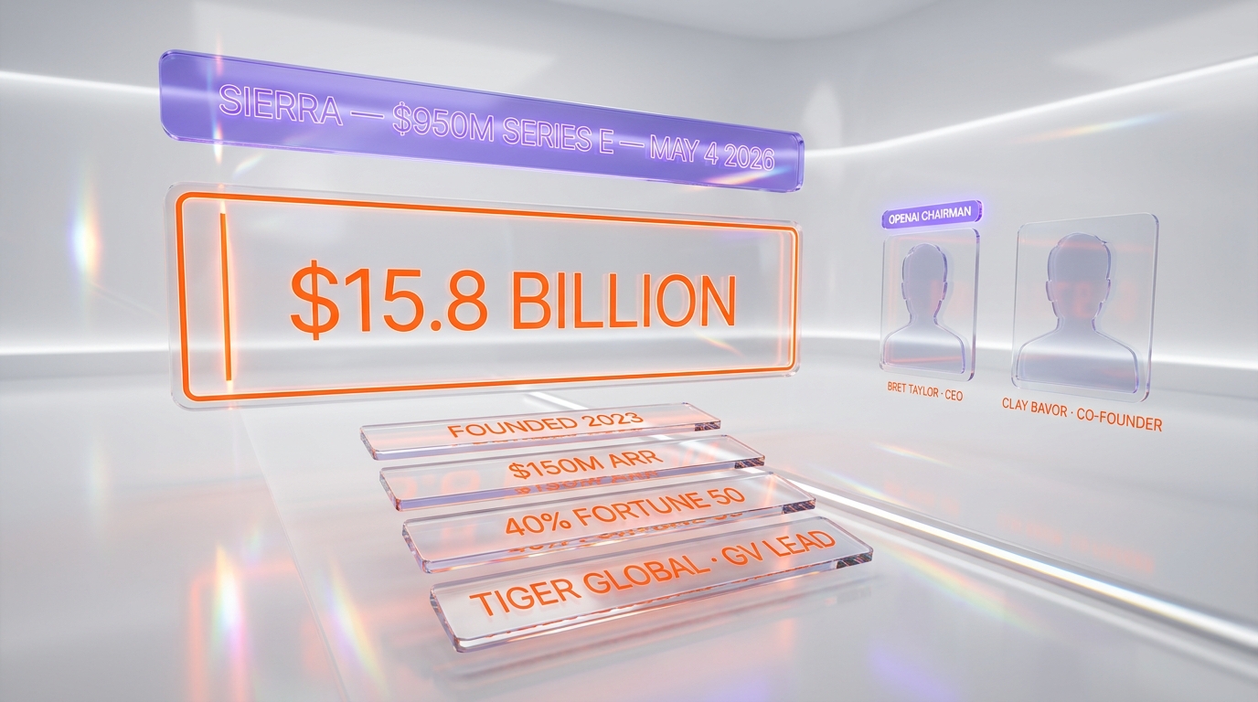Sierra AI $15.8 billion valuation Series E May 4 2026 — Bret Taylor Clay Bavor Tiger Global GV Benchmark Sequoia Greenoaks $950M raise, $150M ARR, 40% Fortune 50 customers