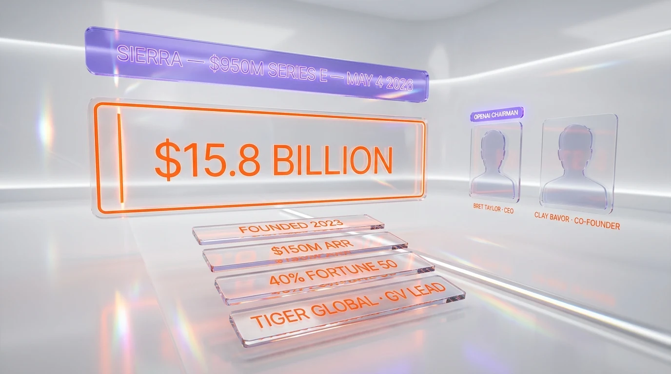 Sierra AI $15.8 billion valuation Series E May 4 2026 — Bret Taylor Clay Bavor Tiger Global GV Benchmark Sequoia Greenoaks $950M raise, $150M ARR, 40% Fortune 50 customers