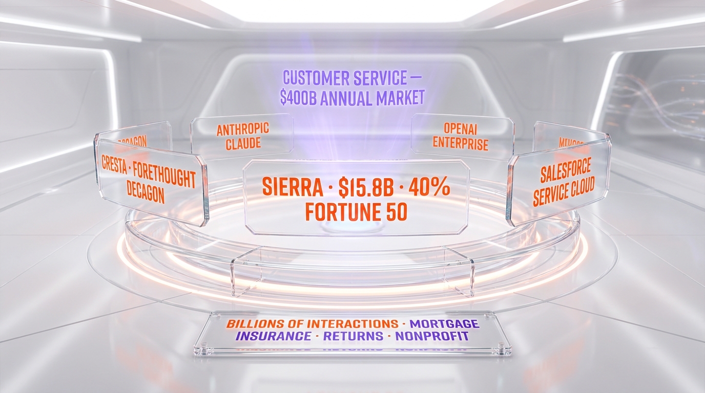 Sierra AI customer service agent vertical — competitor landscape Salesforce Service Cloud Cresta Forethought Decagon Crescendo, billions of interactions across mortgage insurance returns nonprofit fundraising