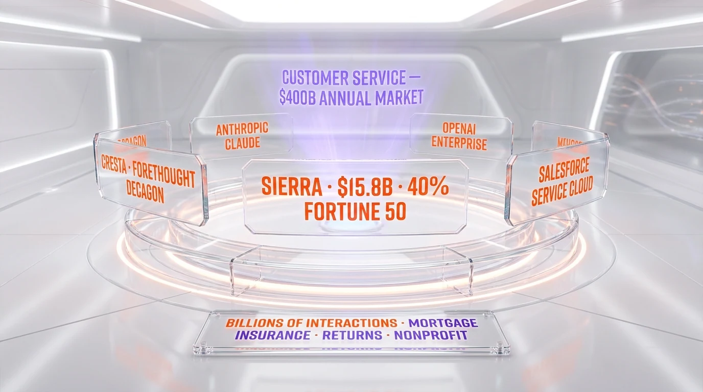 Sierra AI customer service agent vertical — competitor landscape Salesforce Service Cloud Cresta Forethought Decagon Crescendo, billions of interactions across mortgage insurance returns nonprofit fundraising