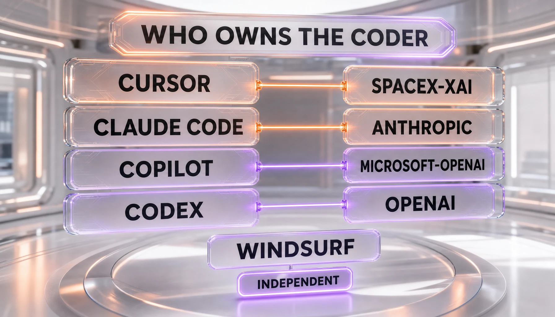 Glassmorphism map of AI coding tools and the model labs that own them, with text labels CURSOR linked to SPACEX-XAI, CLAUDE CODE to ANTHROPIC, COPILOT to MICROSOFT-OPENAI, CODEX to OPENAI, and WINDSURF marked INDEPENDENT, orange and violet glow on a white scene