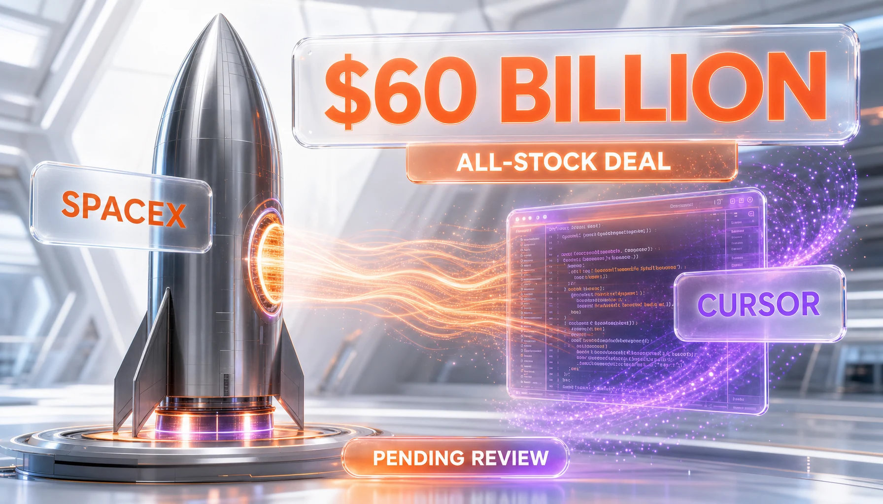 Glassmorphism illustration of a rocket-shaped corporate entity absorbing a glowing code-editor cursor module, labels reading SPACEX, CURSOR, 60 BILLION, ALL-STOCK and PENDING REVIEW, orange and violet brand glow on a white scene