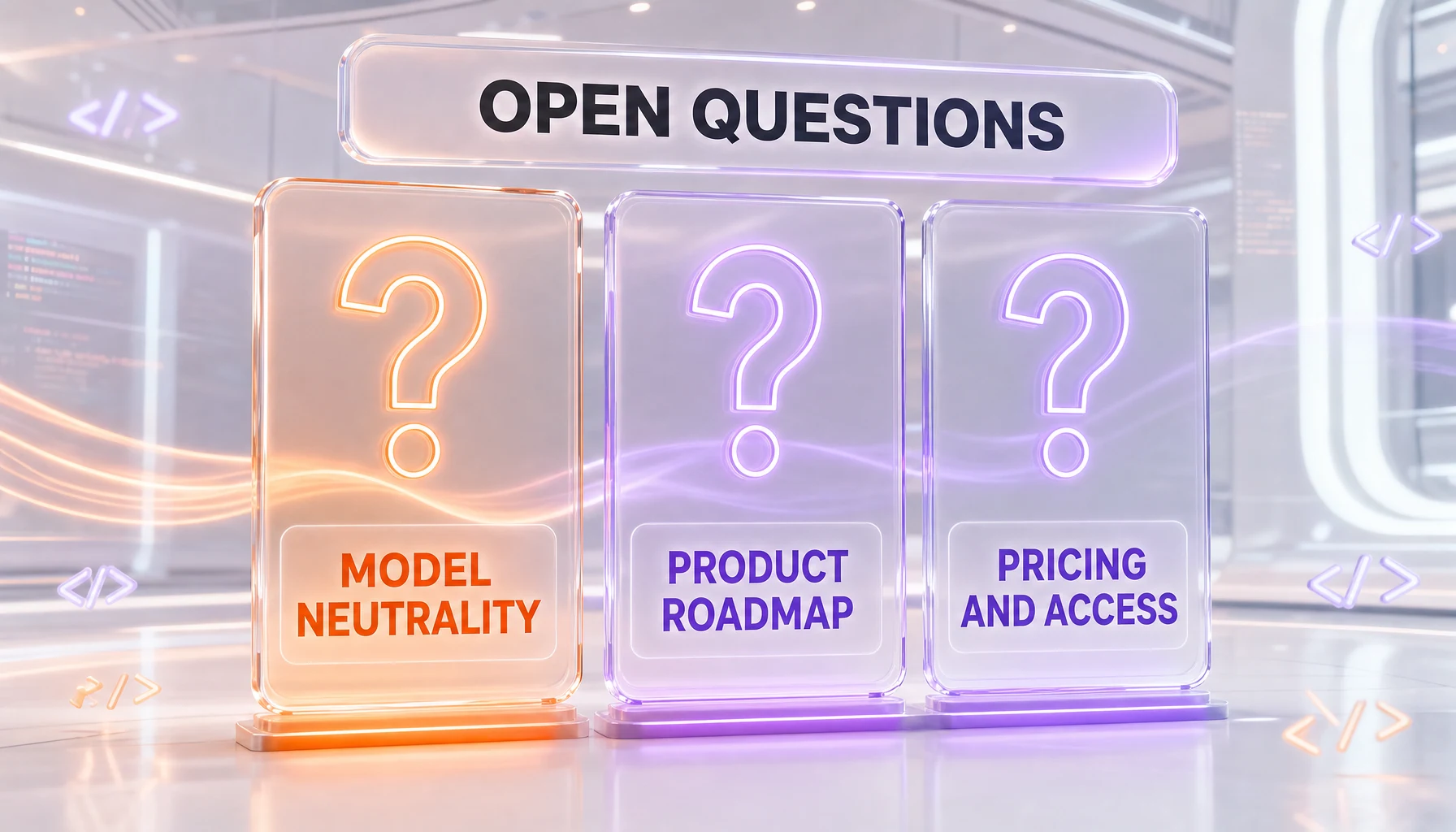 Glassmorphism diagram of three open product questions for the Cursor editor under new ownership with text labels MODEL NEUTRALITY, PRODUCT ROADMAP, PRICING AND ACCESS above three glowing question-mark nodes, orange and violet on a white scene