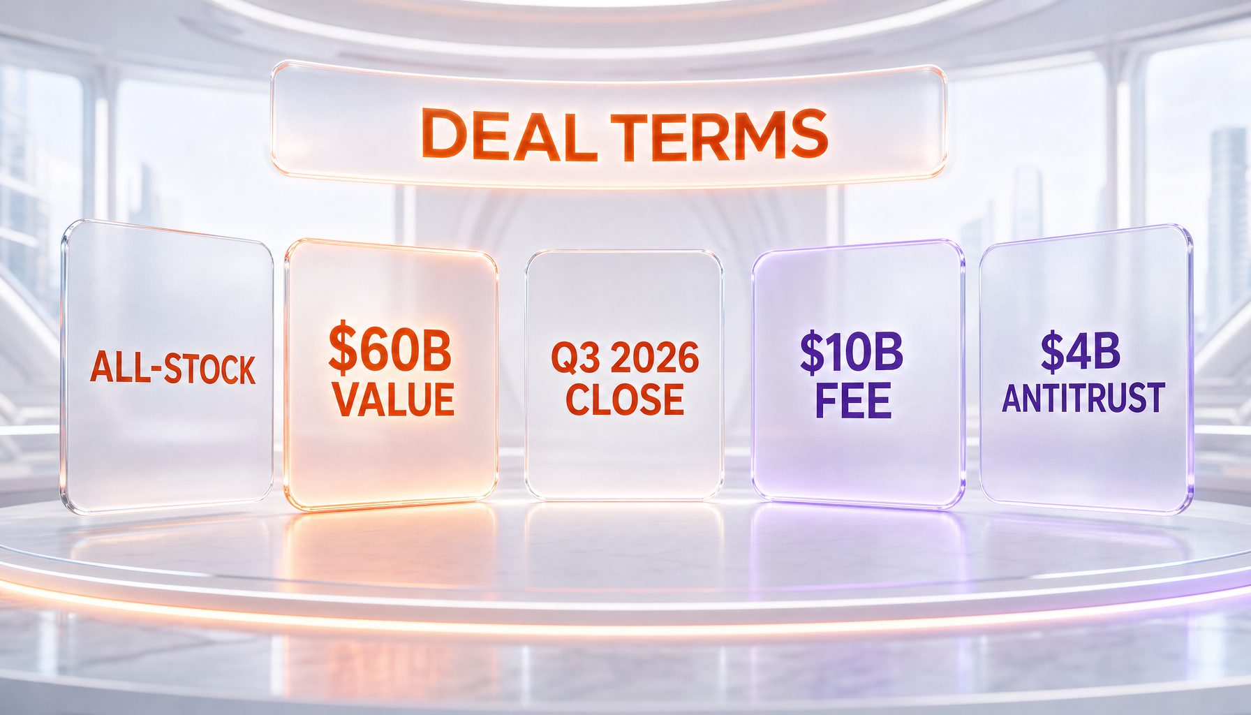 Glassmorphism comparison panel of the SpaceX-Cursor deal terms with text labels ALL-STOCK, 60 BILLION VALUE, Q3 2026 CLOSE, 10 BILLION FEE, 4 BILLION ANTITRUST FEE, orange and violet glowing cards on a white scene