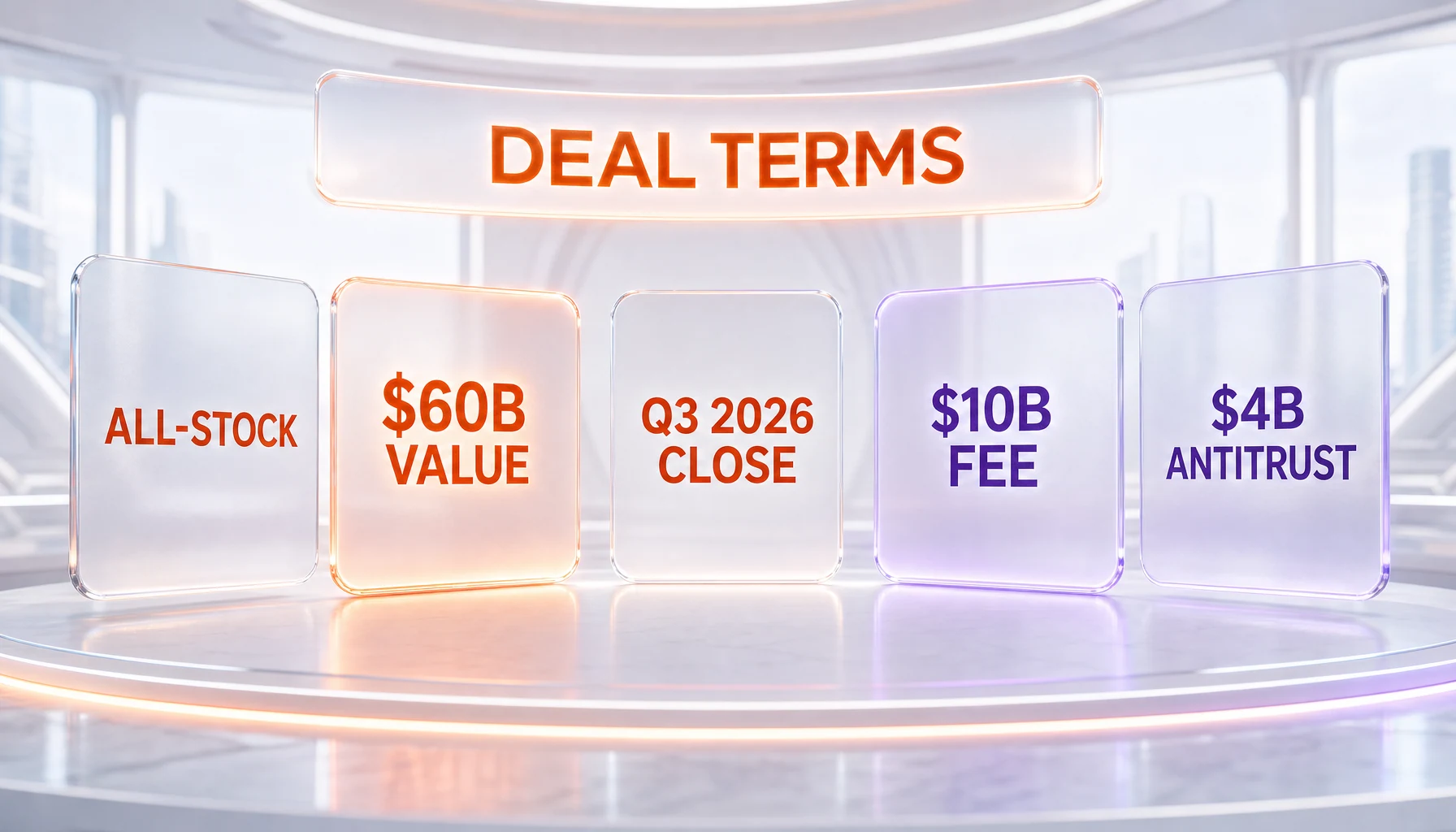 Glassmorphism comparison panel of the SpaceX-Cursor deal terms with text labels ALL-STOCK, 60 BILLION VALUE, Q3 2026 CLOSE, 10 BILLION FEE, 4 BILLION ANTITRUST FEE, orange and violet glowing cards on a white scene