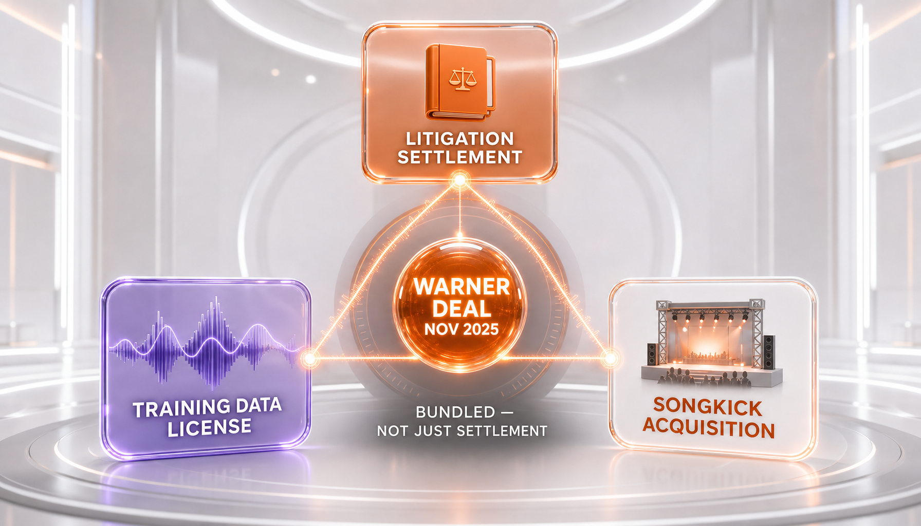 Anatomy of the Suno-Warner Music November 2025 settlement showing Songkick acquisition, training data licensing, and confidential commercial terms