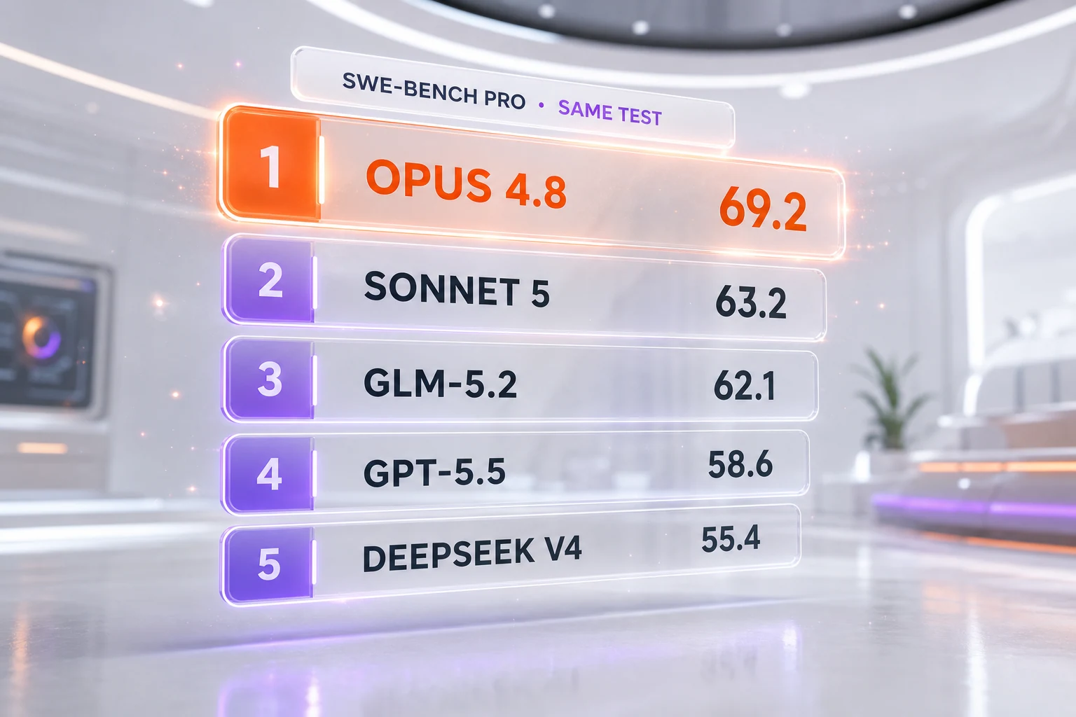 SWE-bench Pro scoreboard — Opus 4.8 at 69.2, Sonnet 5 at 63.2, GLM-5.2 at 62.1, GPT-5.5 at 58.6, DeepSeek V4 at 55.4