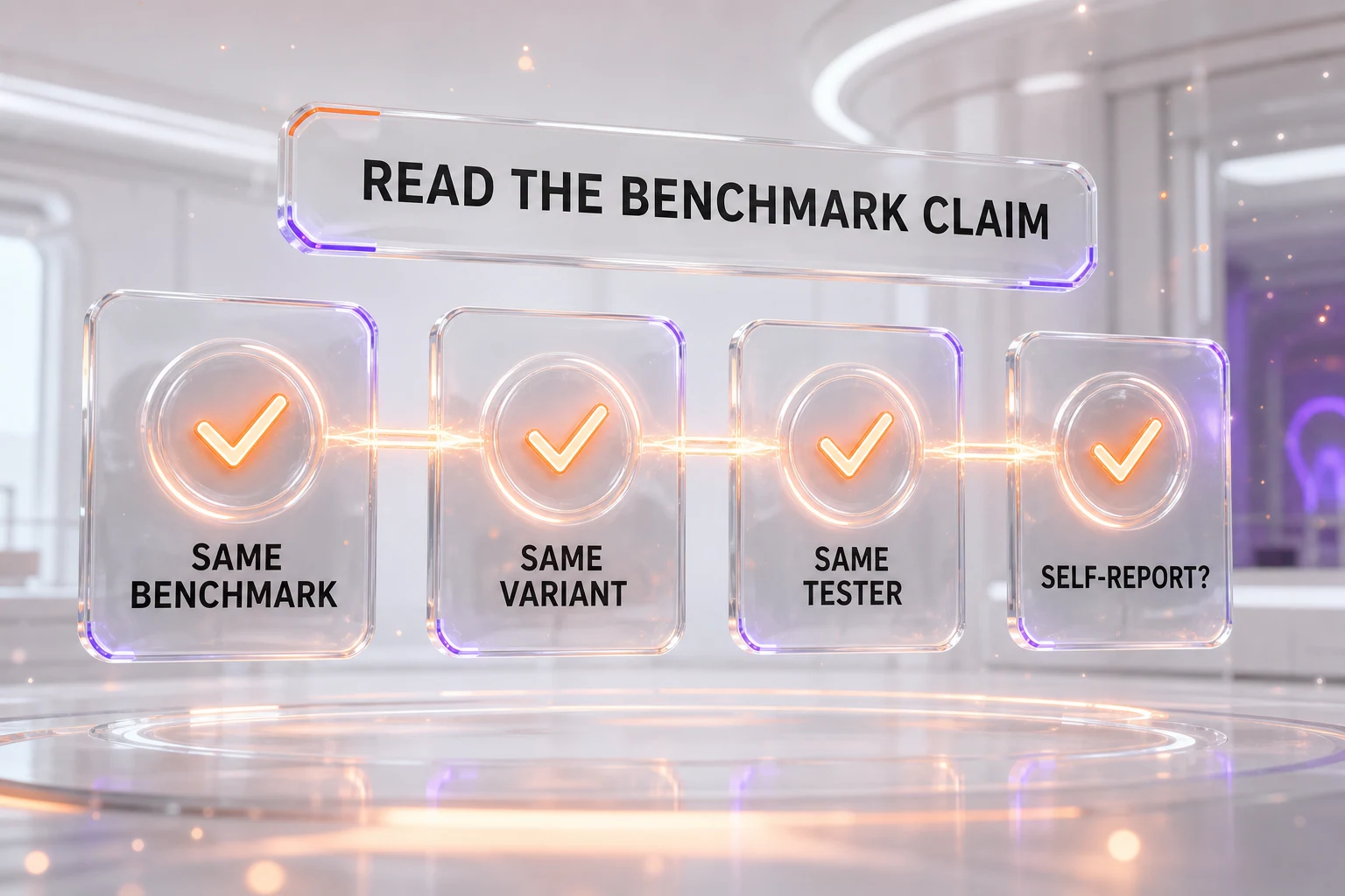 Checklist for reading an AI benchmark claim — same benchmark, same variant, same tester, self-report or third-party
