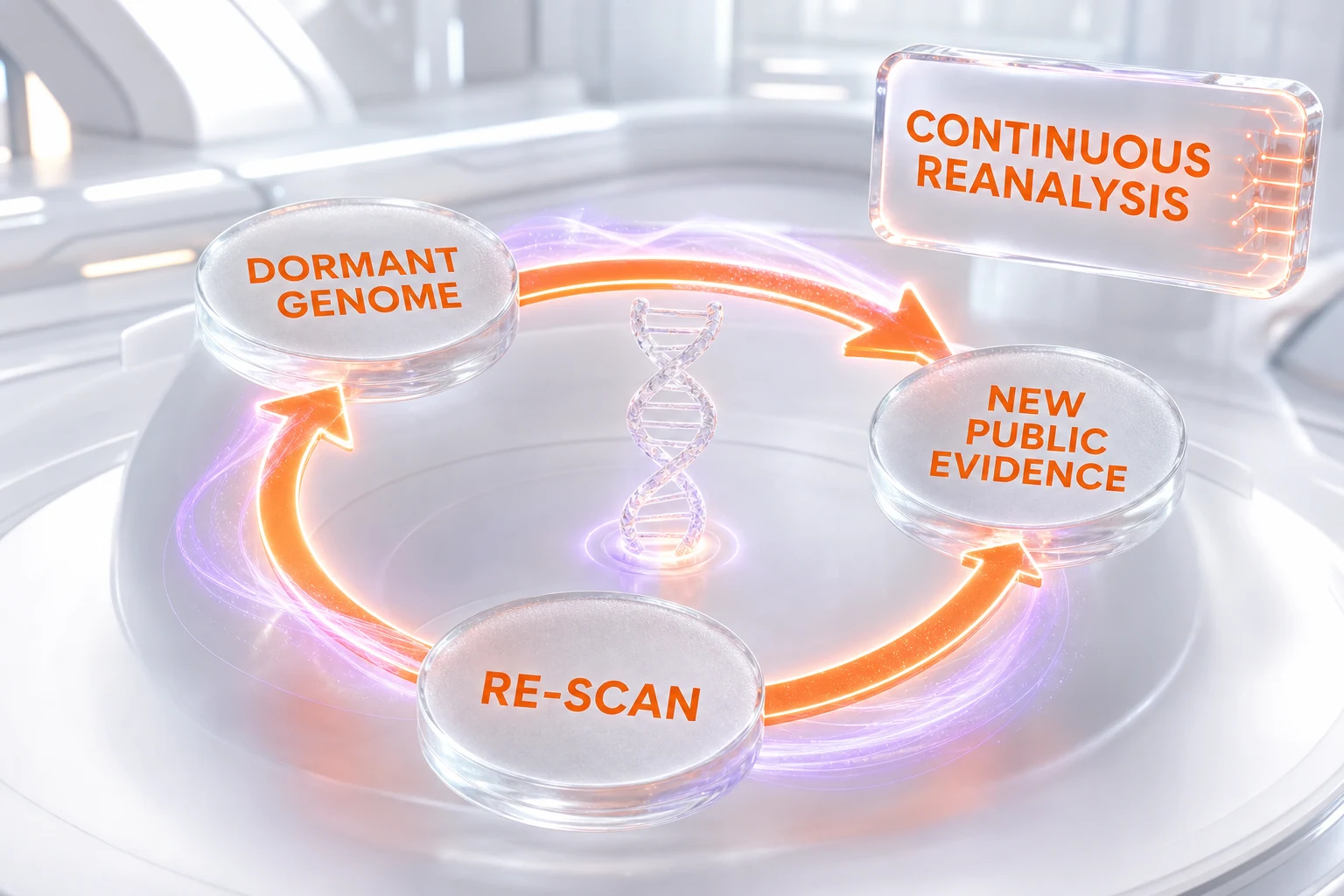 Continuous genomic reanalysis loop — dormant sequenced genomes re-scanned against updated PanelApp Australia and ClinVar evidence