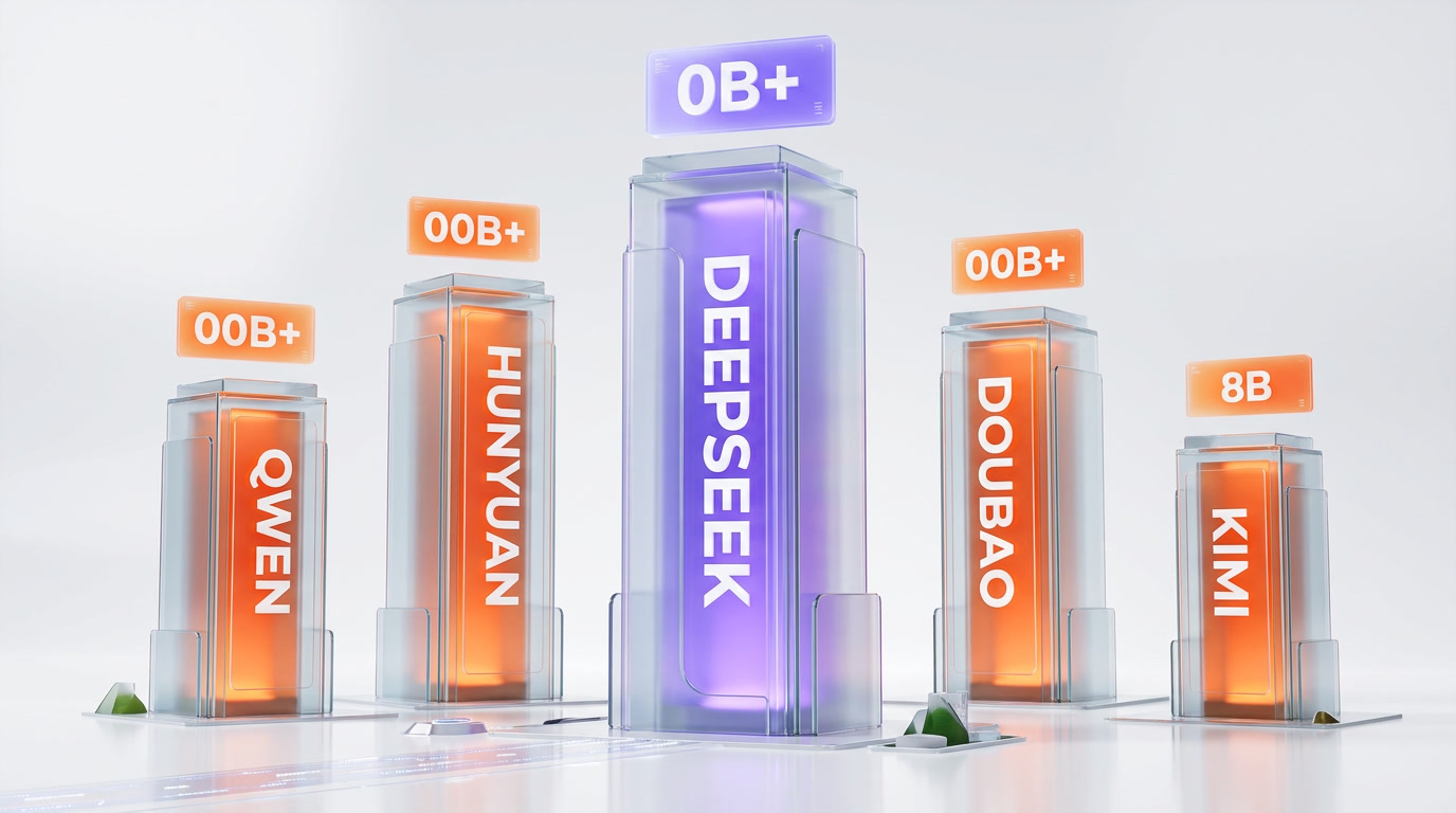 Chinese AI frontier lab landscape in April 2026 showing DeepSeek, Qwen by Alibaba, Hunyuan by Tencent, Doubao by ByteDance, and Kimi by Moonshot with DeepSeek leading the pack on open source momentum