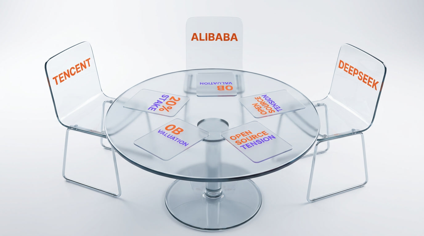 Three-way negotiation between Tencent, Alibaba, and DeepSeek over 20% stake and $40 billion valuation benchmark, with open source tension at the center of the talks