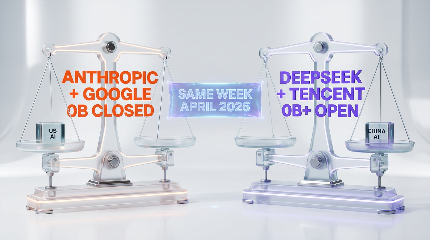Same week April 2026 comparison between Anthropic Google $40 billion closed source deal and DeepSeek Tencent Alibaba $40 billion open source negotiation representing two opposite AI funding philosophies