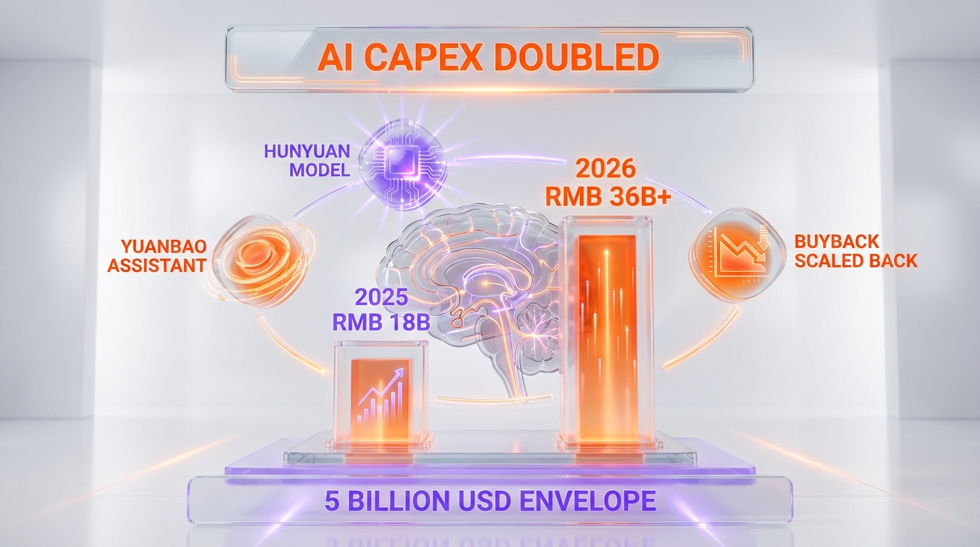 Tencent AI capex doubling anatomy 2025 versus 2026 — RMB 18 billion deployed across Hunyuan foundation model and Yuanbao consumer AI assistant in 2025, more than doubling to RMB 36 billion plus in 2026 guidance