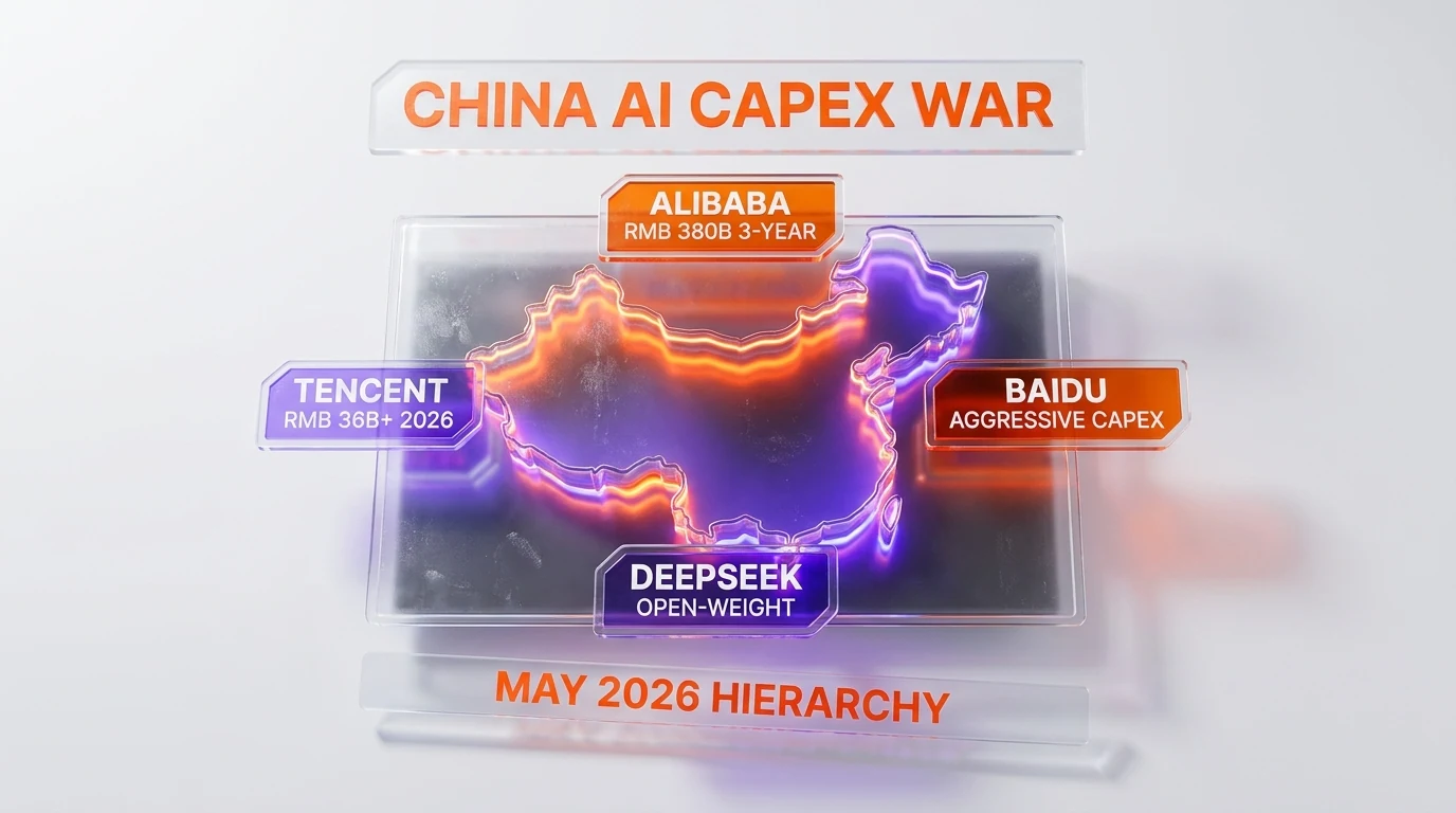 China AI capex war landscape May 2026 — Alibaba RMB 380 billion three-year commitment, Tencent RMB 36 billion plus 2026, Baidu ERNIE 5.1 aggressive capex compressing margins, DeepSeek open-weight ecosystem strategy